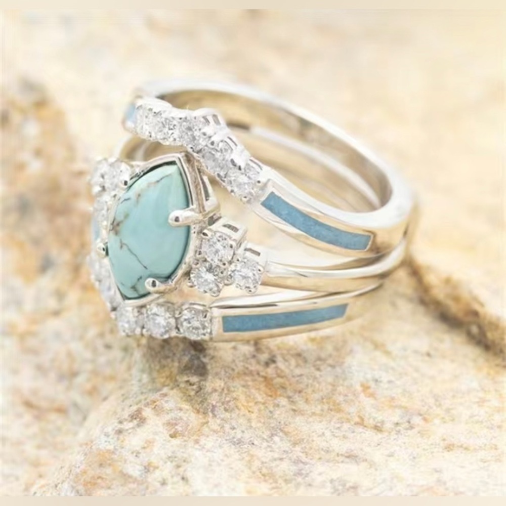3Pc Silver Turquoise Ring Set Moissanite Stone Women Christmas Gift - Picture 3 of 5